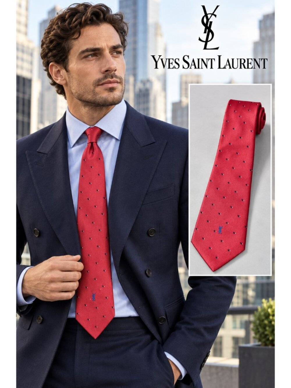 Vintage Yves Saint Laurent YSL Red Micro Print Embroidered Logo Men's Tie